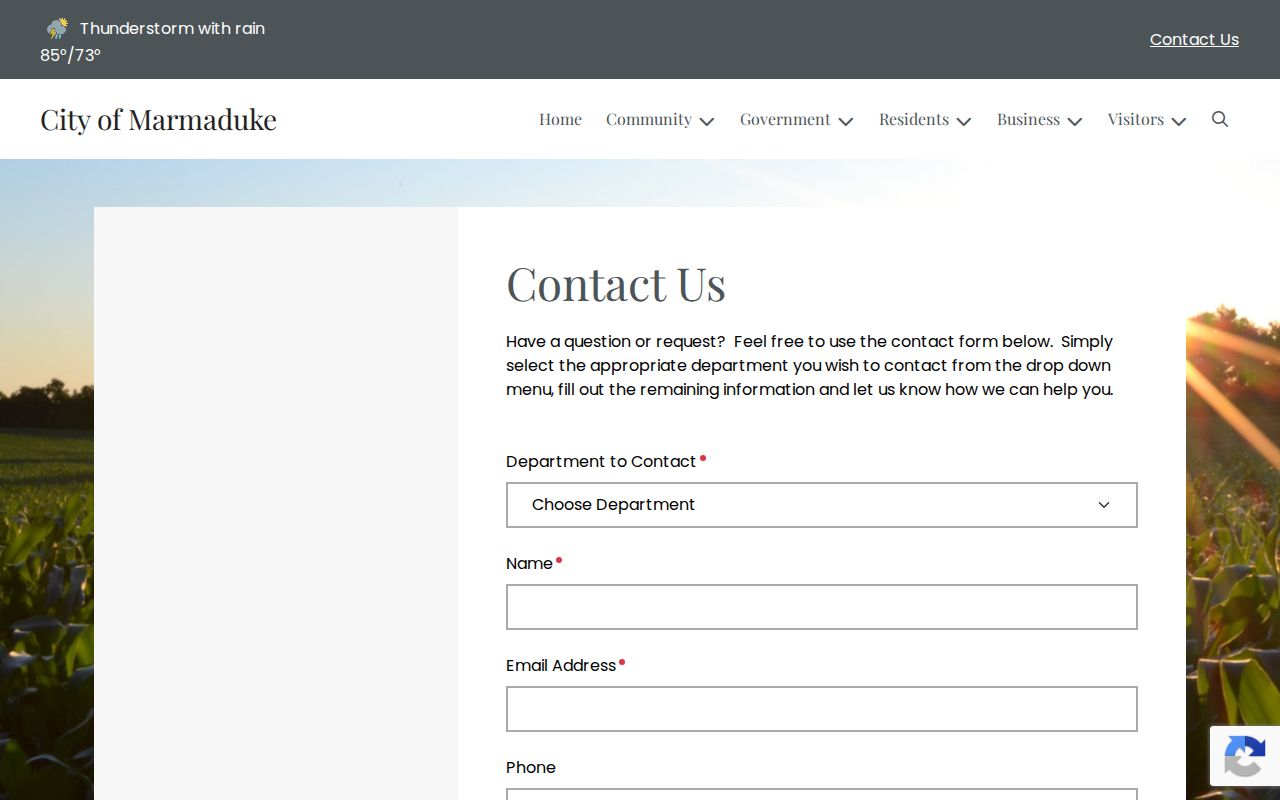 Marmaduke contact form with department routing for city records questions