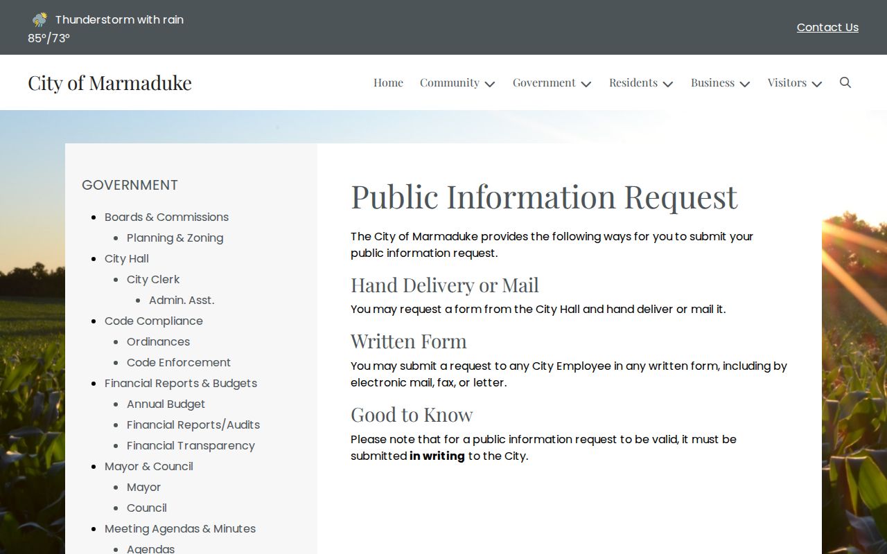 Marmaduke public information request page describing written request options
