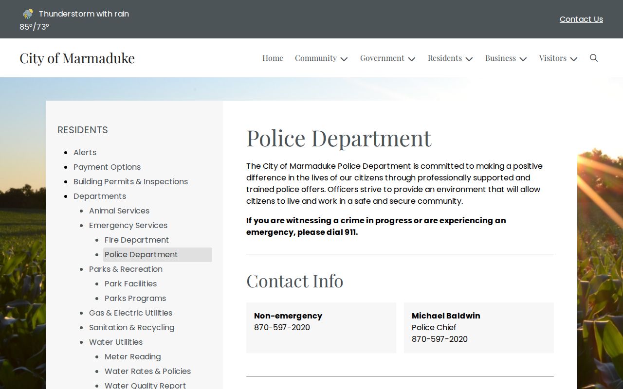 Marmaduke Police Department page with non-emergency contact for criminal history routing