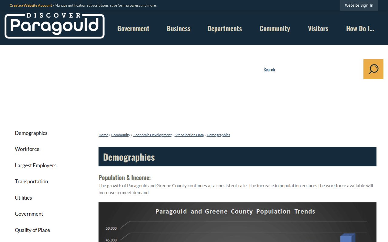 Paragould demographics page showing city population context for criminal history records