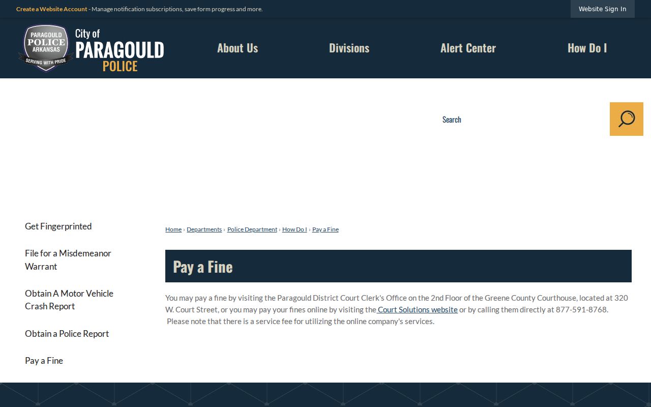 Paragould fine payment page used for district court payment routing